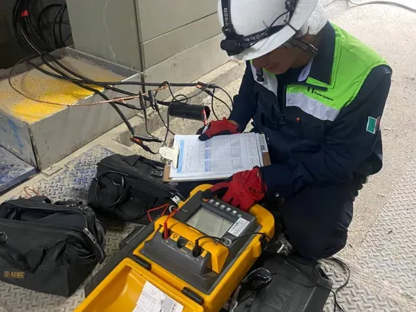 Ingeniero conectando las pinzas de corriente de un analizador de calidad de la energía y registrando los parámetros de la instalación en su bitácora de campo