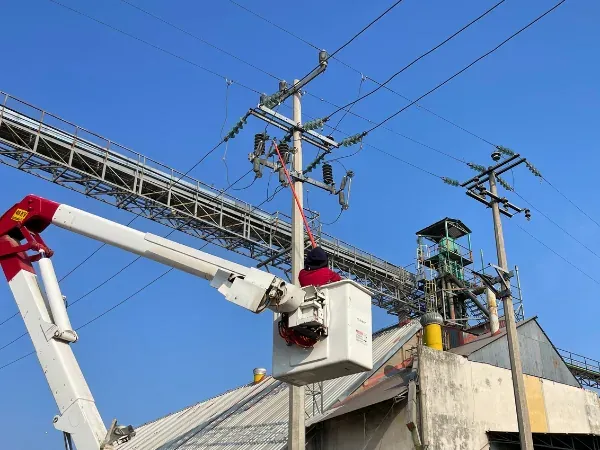 Canastilla aislada posicionada sobre una línea aérea de media tensión con cortacircuitos fusible y aisladores, dentro de una planta industrial
