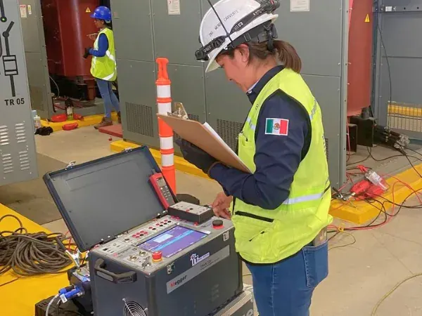 Ingeniera con casco, careta y chaleco reflejante anotando resultados junto a un equipo de prueba Megger en la sala de transformadores de una planta industrial