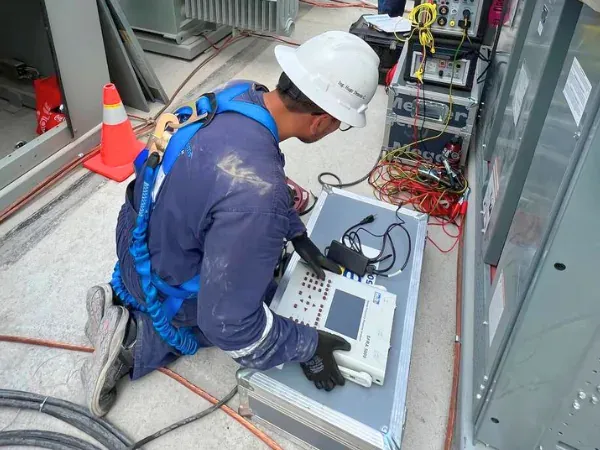 Ingeniero con casco, guantes y arnés operando un equipo de prueba Megger conectado a un tablero de media tensión durante el levantamiento de datos en sitio